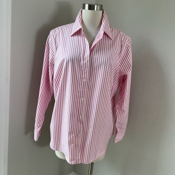 Chaps Classics Womens Plus 1X Pink White Striped No Iron Cotton Button Up Shirt - Picture 1 of 8